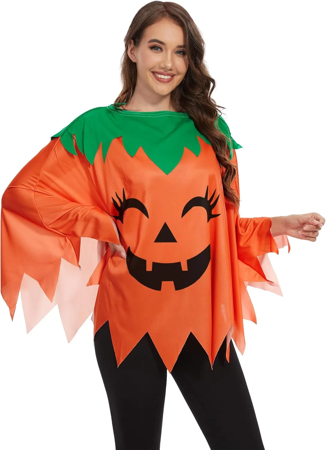 TMSD 3PCS Halloween Pumpkin Poncho for Women Pumpkin Costume with Headband and Candy Bag