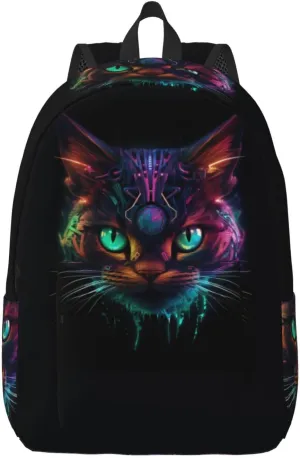 Travel Laptop Backpack - Futuristic Cat Warrior Computer Canvas Backpack Bag with Adjustable Straps
