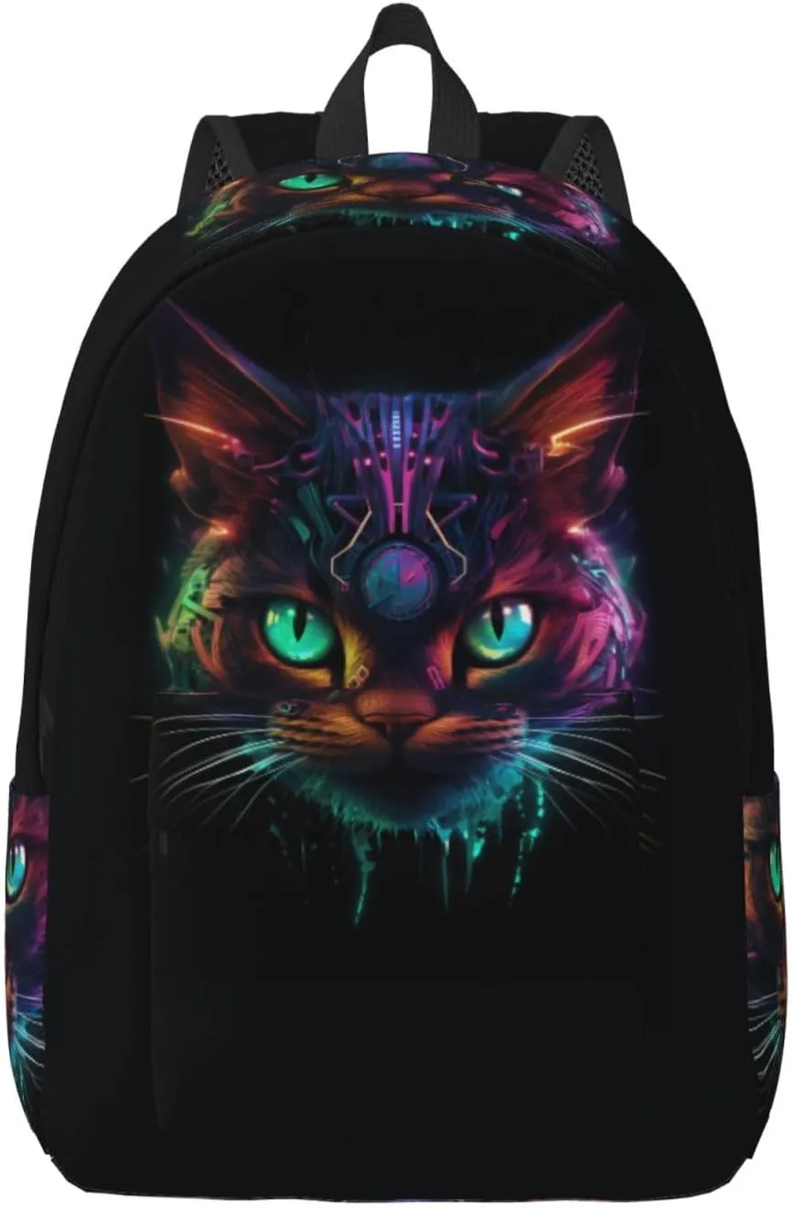 Travel Laptop Backpack - Futuristic Cat Warrior Computer Canvas Backpack Bag with Adjustable Straps