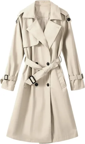Trench Coat Women Double Breasted Windproof Classic Lapel Belted Long Outerwear Overcoat with Belt