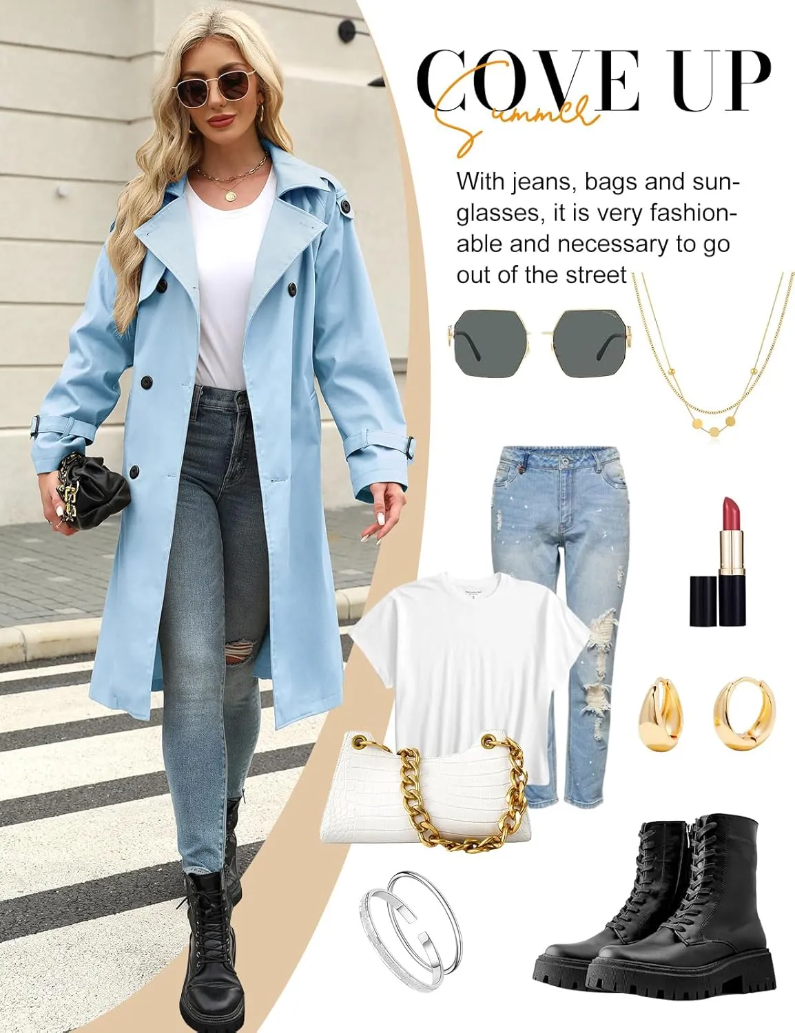 Trench Coat Women Double Breasted Windproof Classic Lapel Belted Long Outerwear Overcoat with Belt