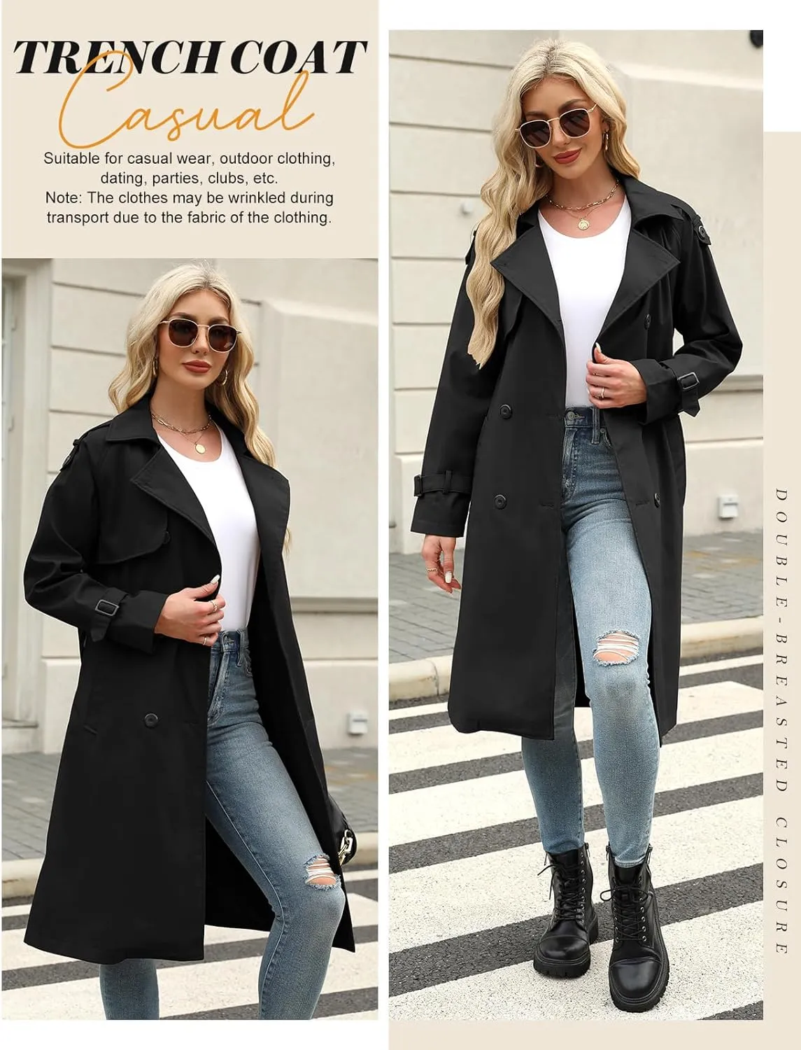 Trench Coat Women Double Breasted Windproof Classic Lapel Belted Long Outerwear Overcoat with Belt