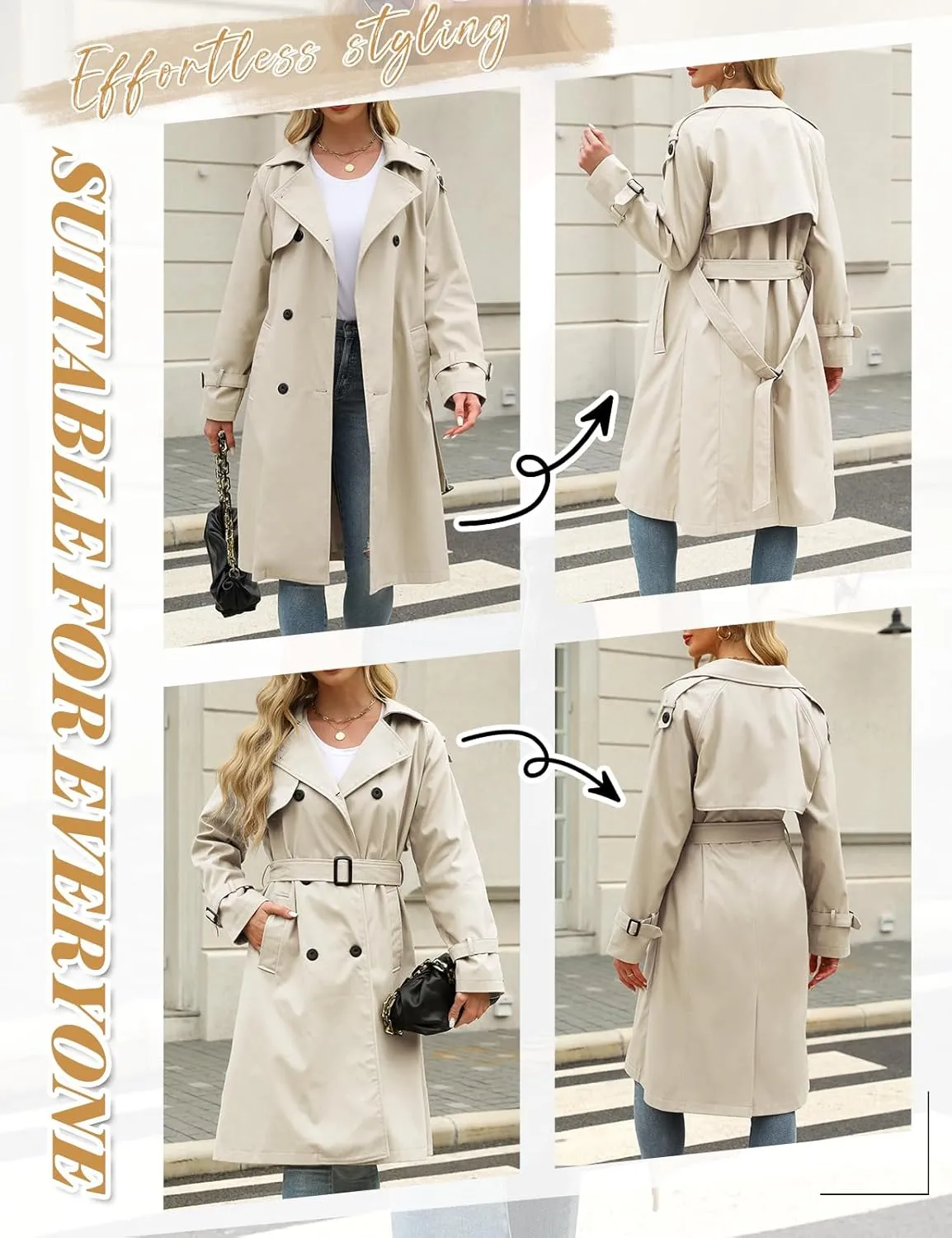 Trench Coat Women Double Breasted Windproof Classic Lapel Belted Long Outerwear Overcoat with Belt