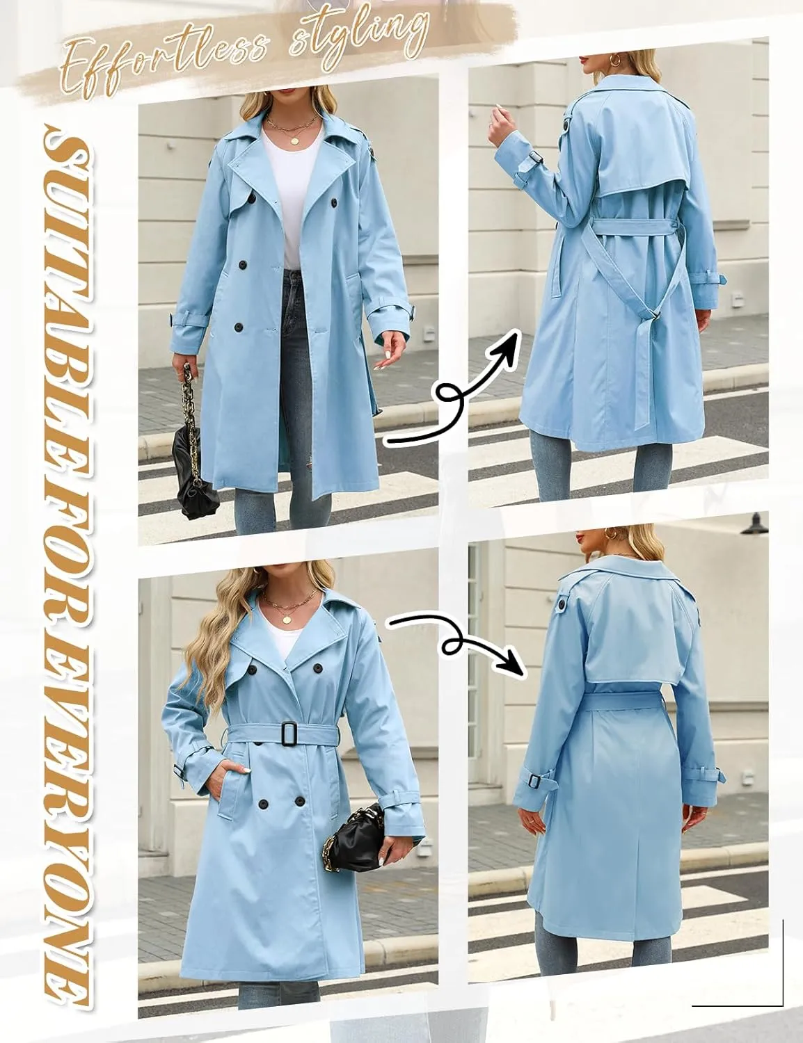 Trench Coat Women Double Breasted Windproof Classic Lapel Belted Long Outerwear Overcoat with Belt