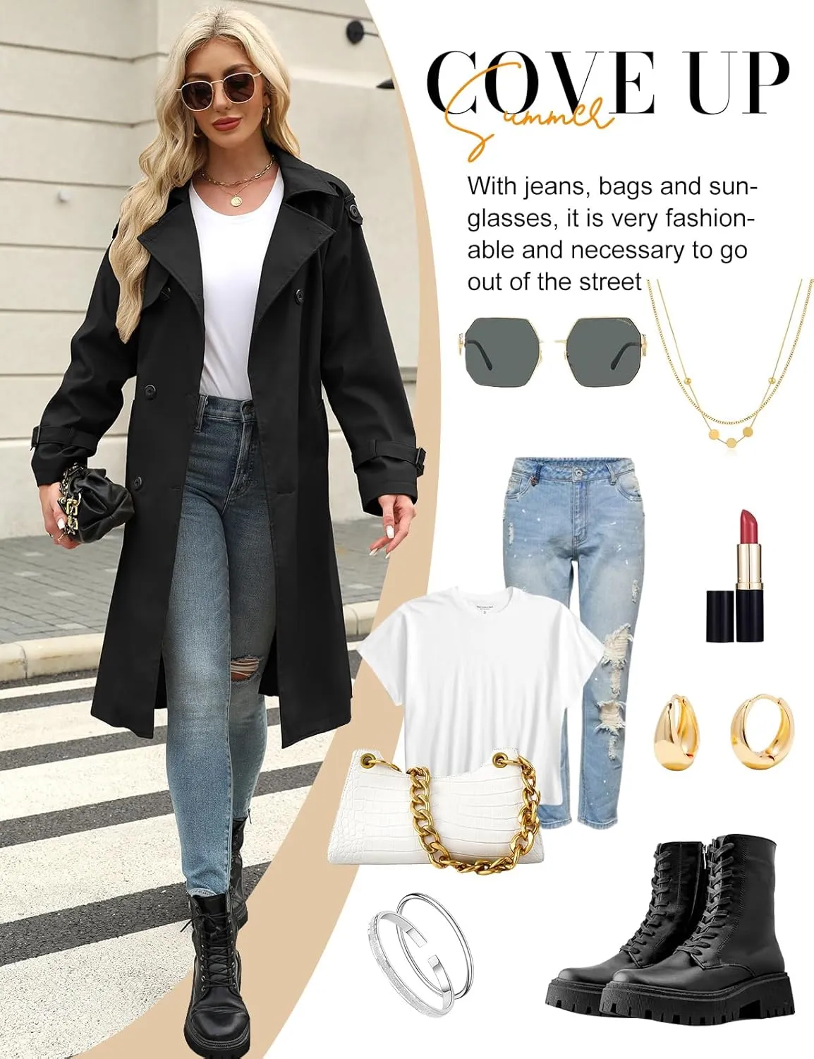 Trench Coat Women Double Breasted Windproof Classic Lapel Belted Long Outerwear Overcoat with Belt