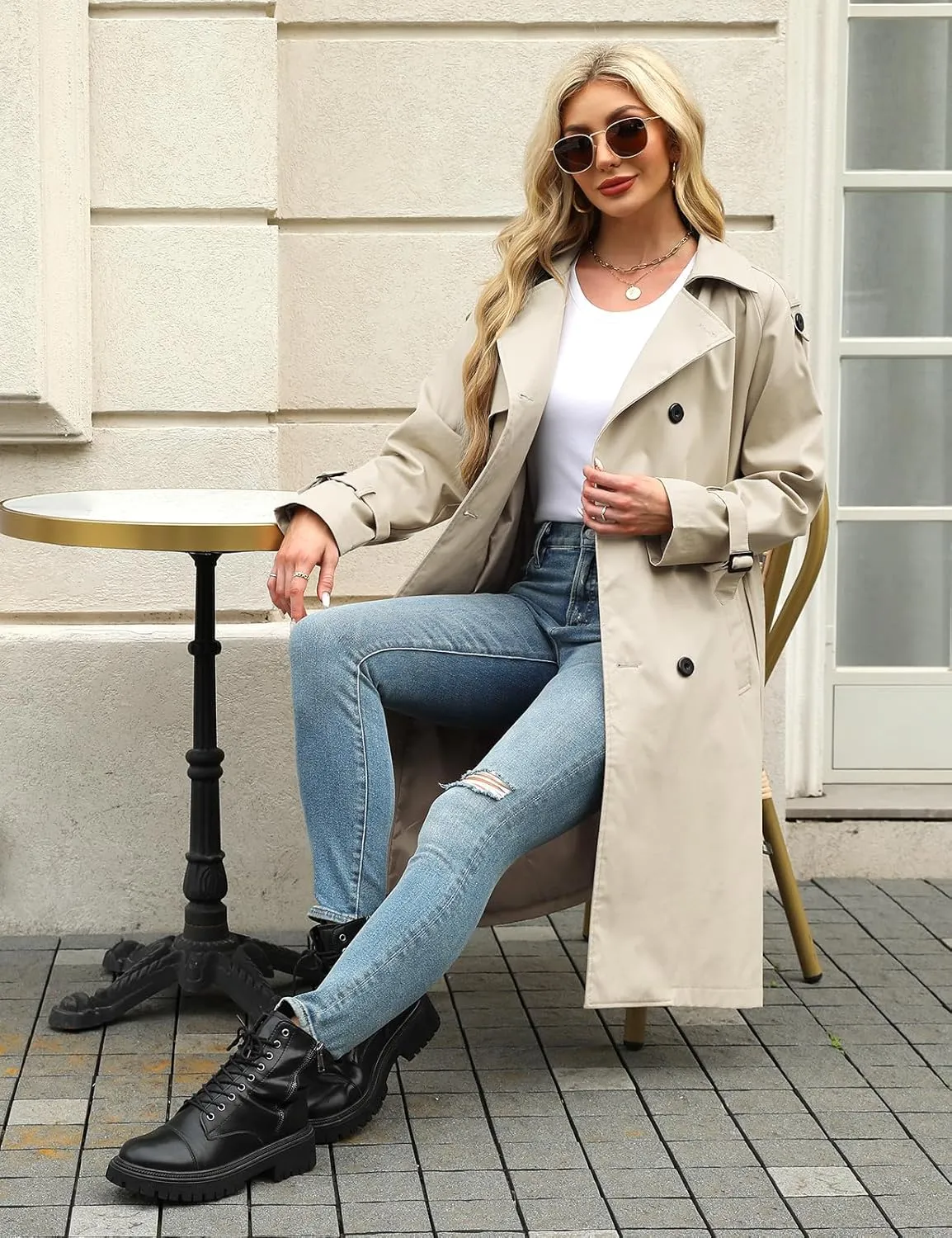 Trench Coat Women Double Breasted Windproof Classic Lapel Belted Long Outerwear Overcoat with Belt