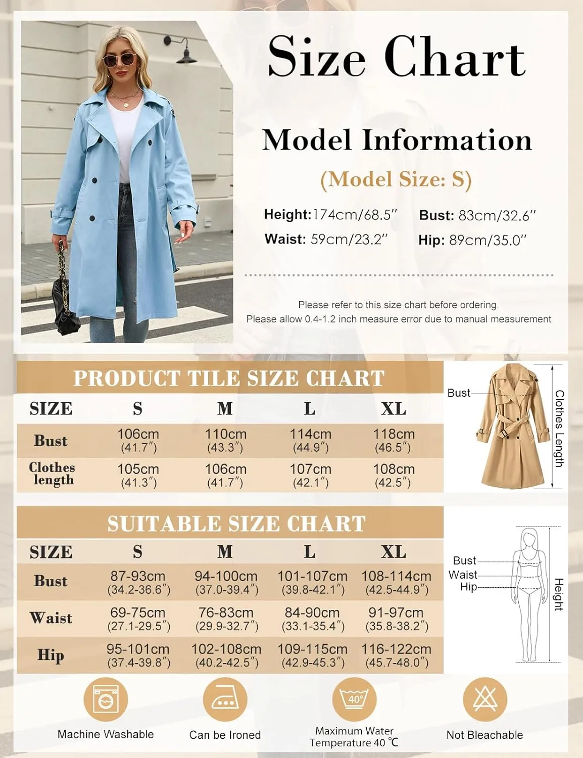 Trench Coat Women Double Breasted Windproof Classic Lapel Belted Long Outerwear Overcoat with Belt