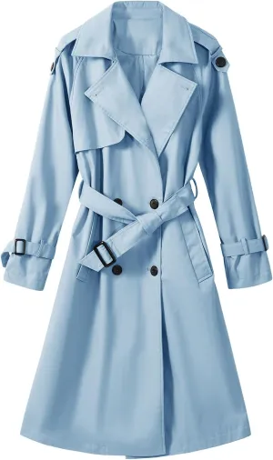 Trench Coat Women Double Breasted Windproof Classic Lapel Belted Long Outerwear Overcoat with Belt