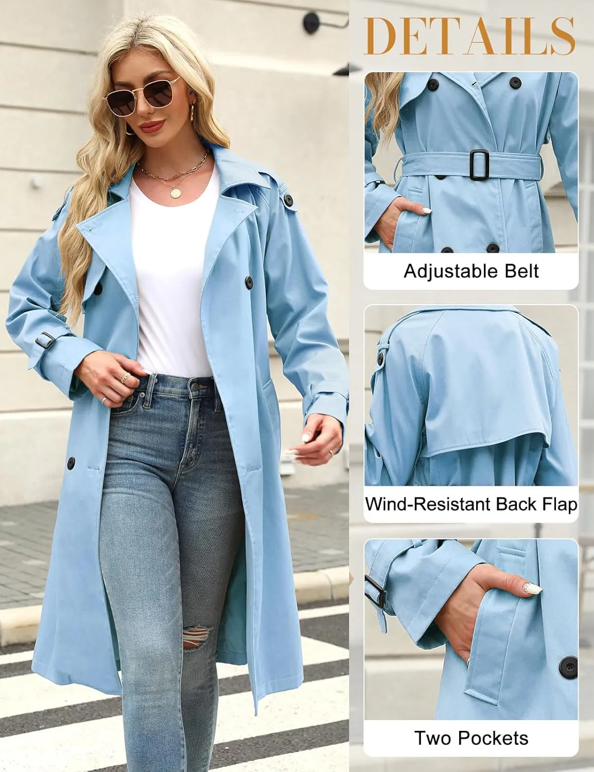 Trench Coat Women Double Breasted Windproof Classic Lapel Belted Long Outerwear Overcoat with Belt