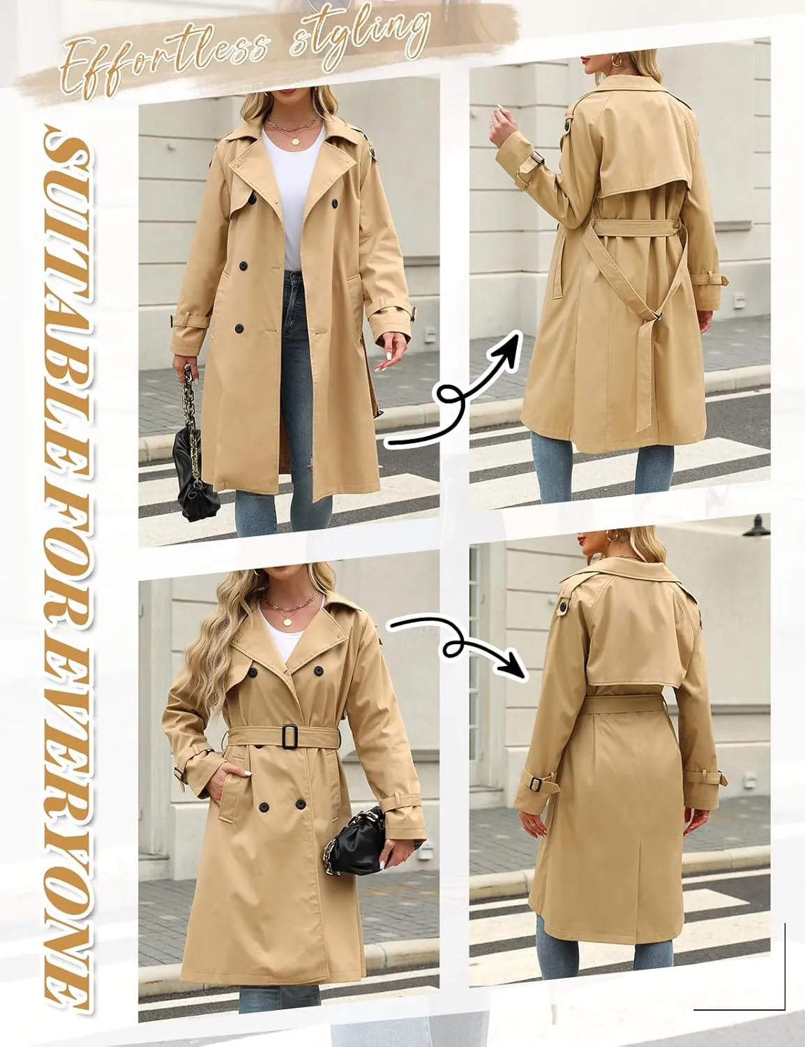 Trench Coat Women Double Breasted Windproof Classic Lapel Belted Long Outerwear Overcoat with Belt