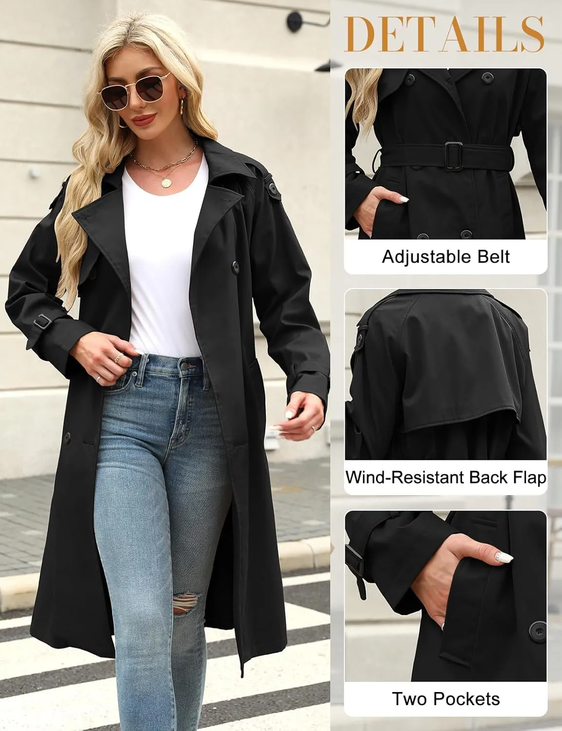 Trench Coat Women Double Breasted Windproof Classic Lapel Belted Long Outerwear Overcoat with Belt