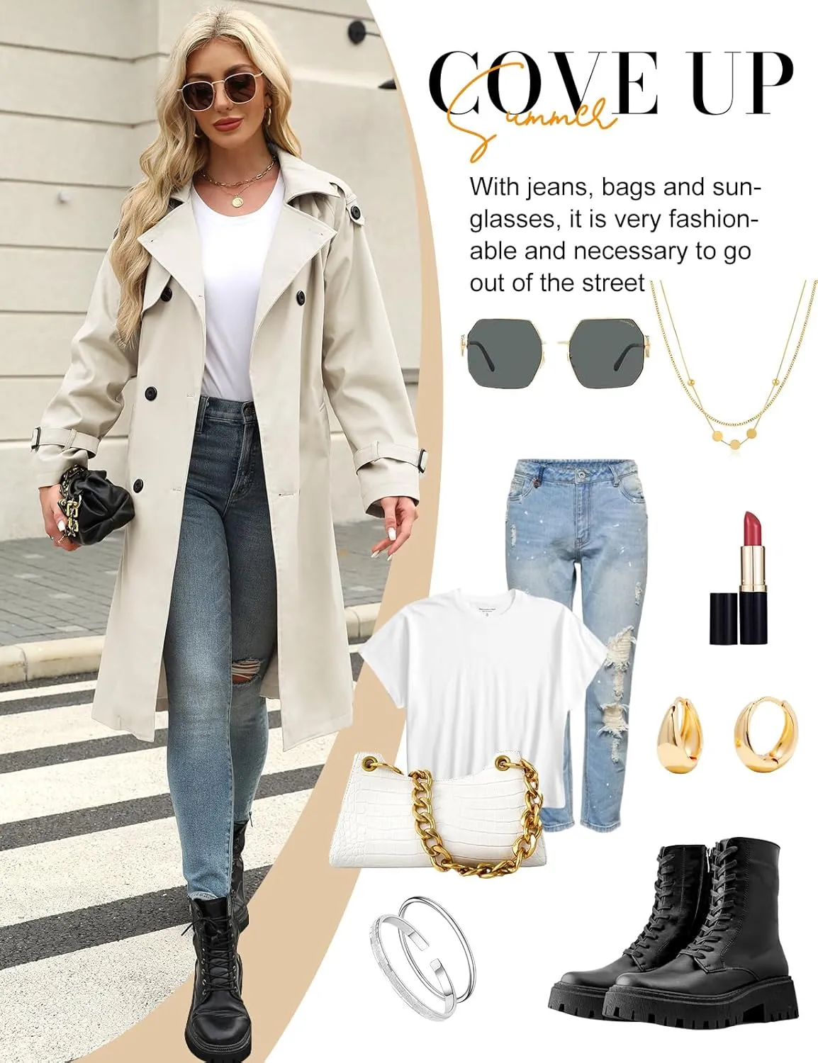 Trench Coat Women Double Breasted Windproof Classic Lapel Belted Long Outerwear Overcoat with Belt