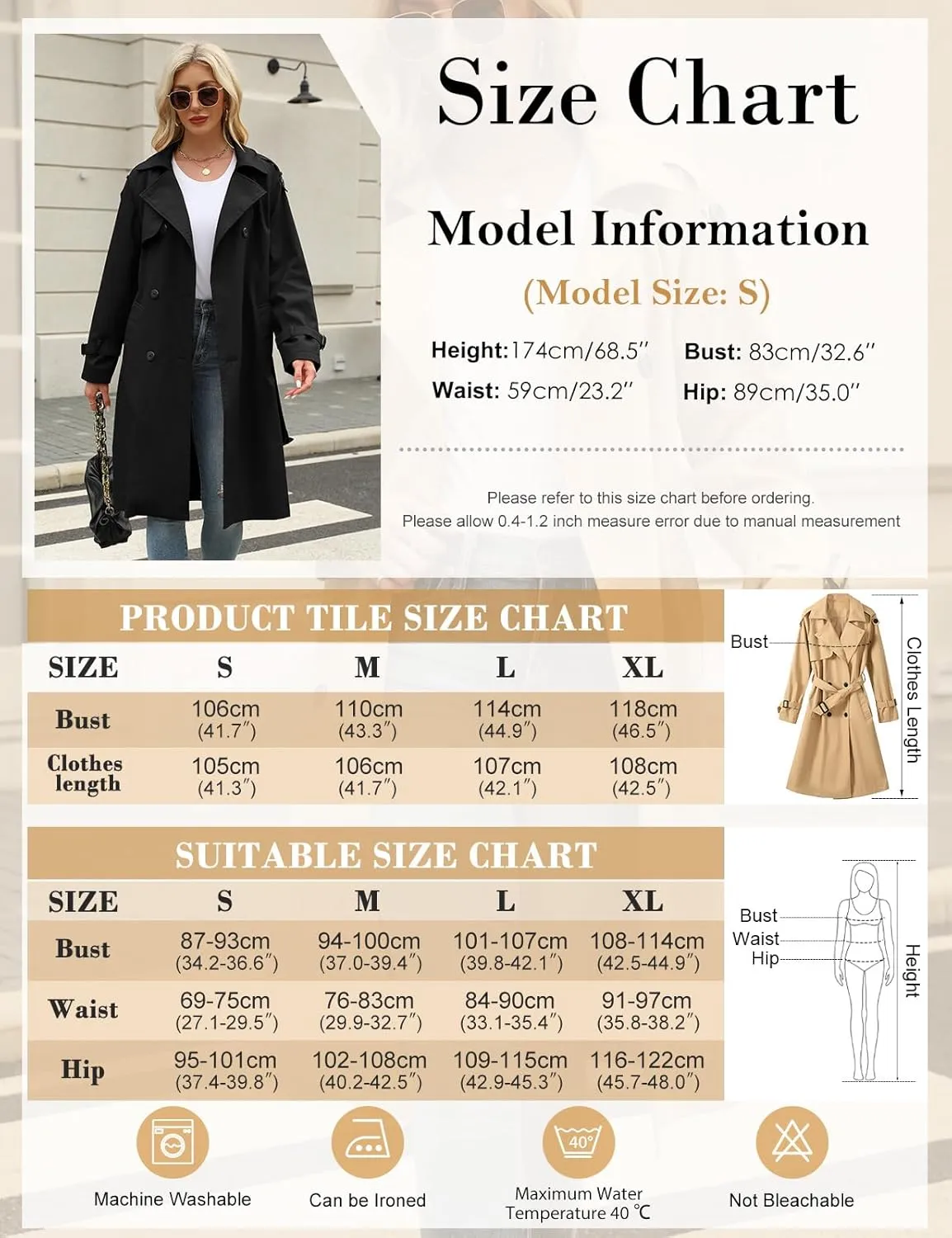 Trench Coat Women Double Breasted Windproof Classic Lapel Belted Long Outerwear Overcoat with Belt