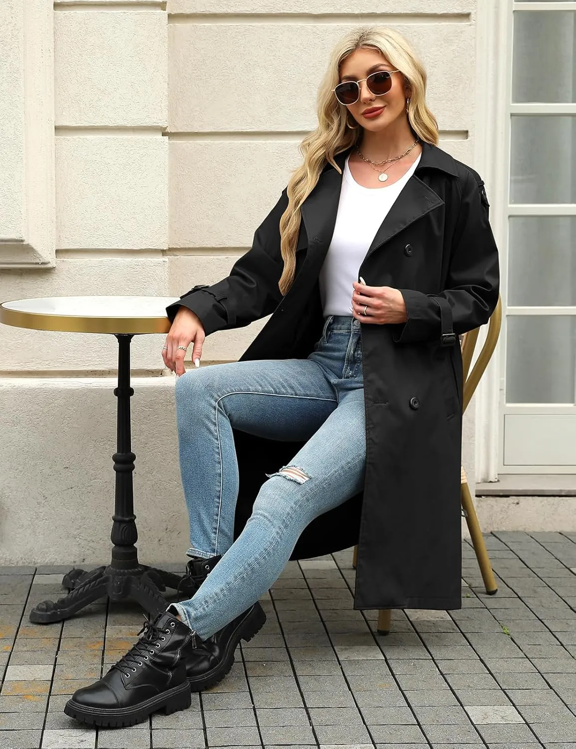 Trench Coat Women Double Breasted Windproof Classic Lapel Belted Long Outerwear Overcoat with Belt