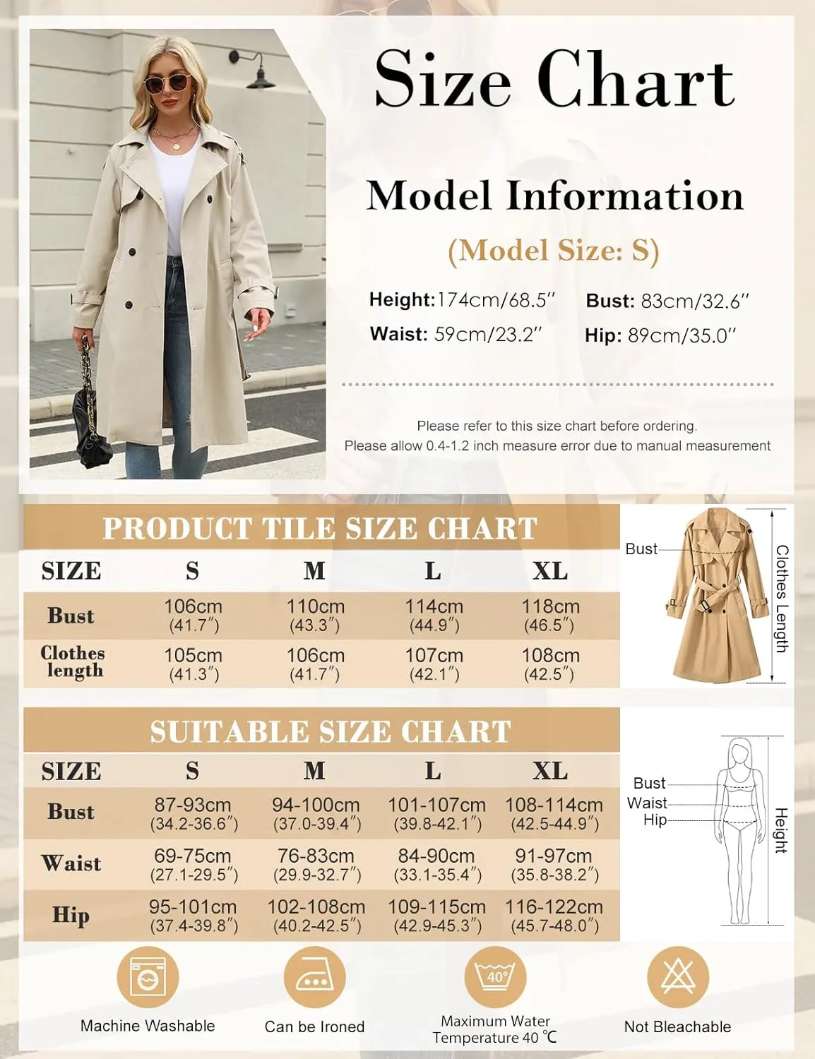 Trench Coat Women Double Breasted Windproof Classic Lapel Belted Long Outerwear Overcoat with Belt