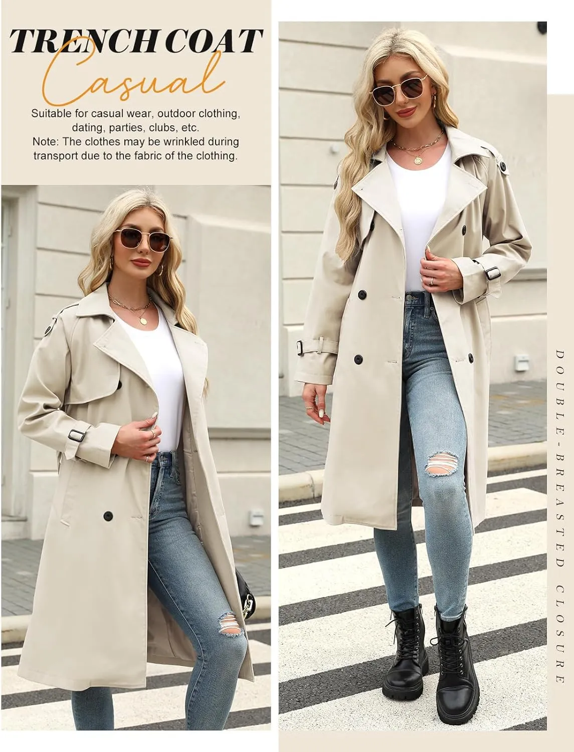 Trench Coat Women Double Breasted Windproof Classic Lapel Belted Long Outerwear Overcoat with Belt