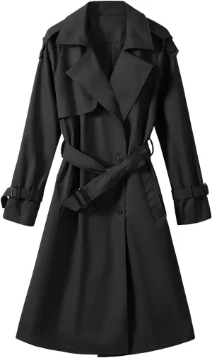 Trench Coat Women Double Breasted Windproof Classic Lapel Belted Long Outerwear Overcoat with Belt