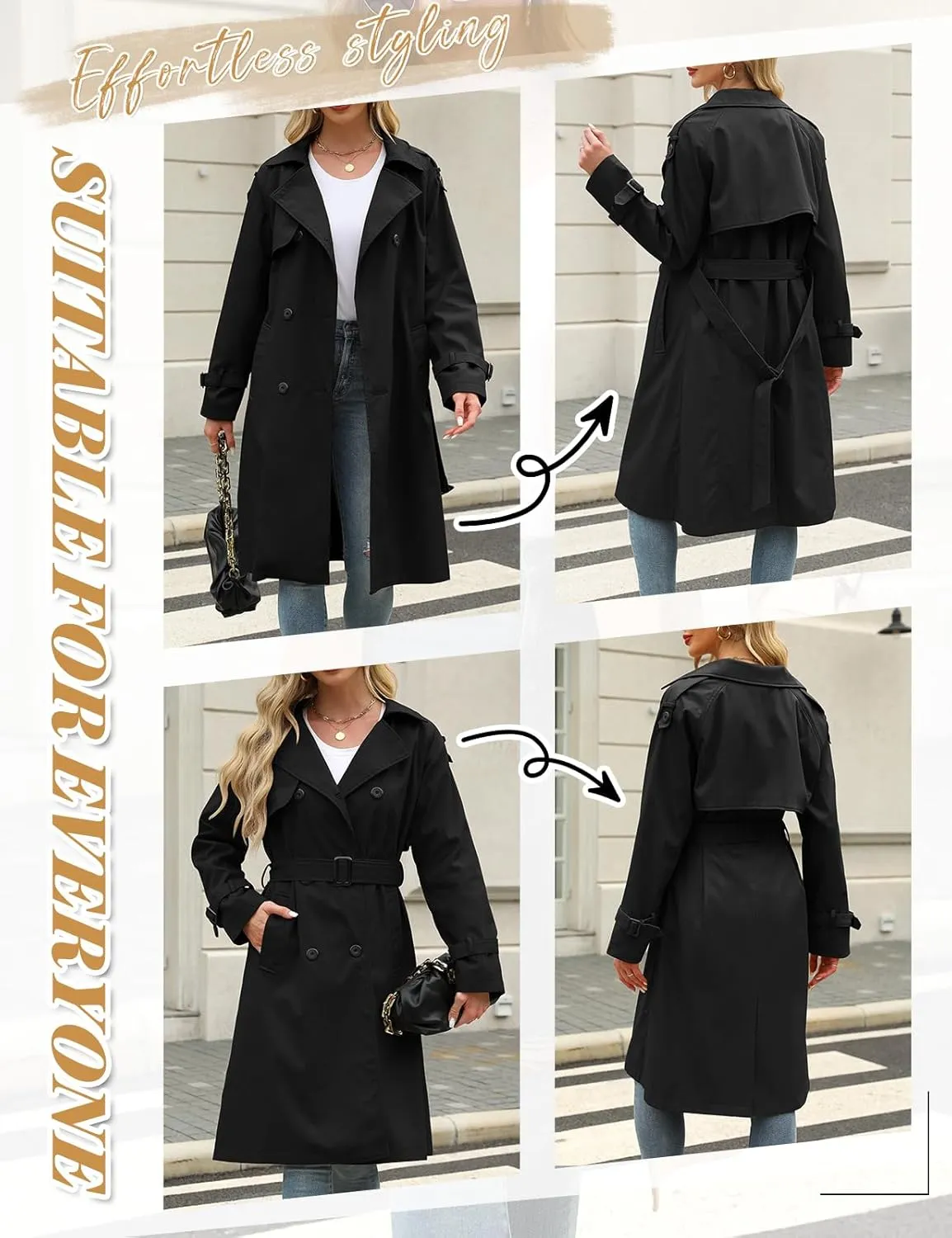 Trench Coat Women Double Breasted Windproof Classic Lapel Belted Long Outerwear Overcoat with Belt