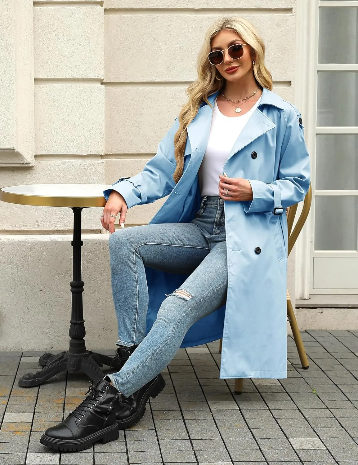 Trench Coat Women Double Breasted Windproof Classic Lapel Belted Long Outerwear Overcoat with Belt