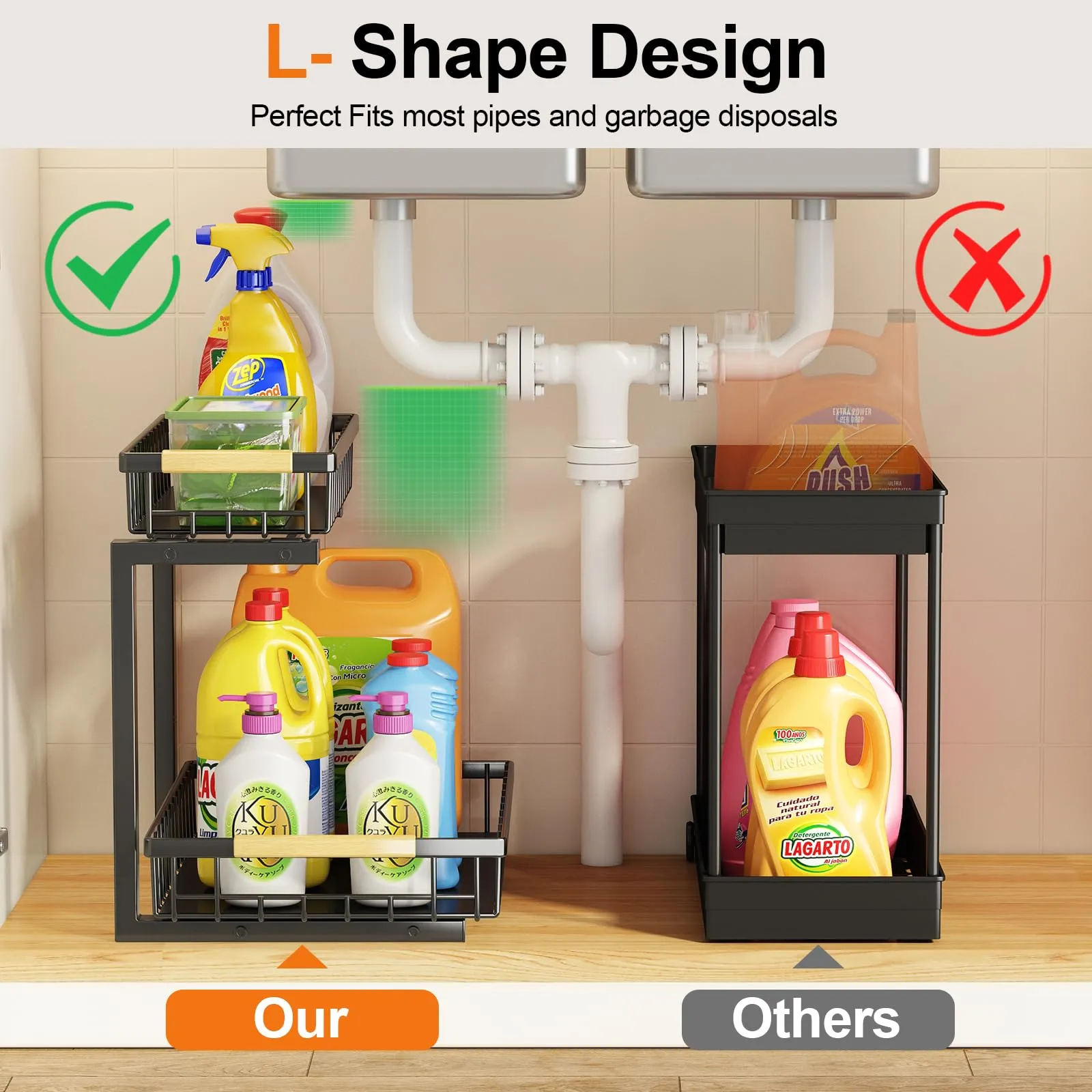 Under Sink Organizer and Storage, 2-Tier Pull Out Cabinet Organizers Shelf, Metal Sliding Drawers Shelves for Kitchen Bathroom Closet Organization, 2 Pack
