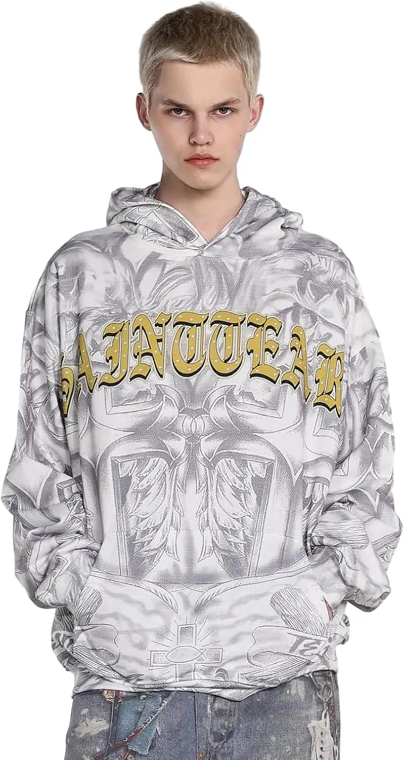 Unisex SAINT Hip Hop Vintage Full Patterm High Printed Loose Hooded Hoodie With Pocket