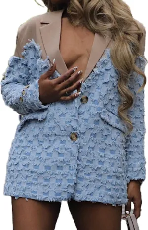 Vaceky Denim Patchwork Blazer Women Checkered Lightweight Fringe Jean Jacket