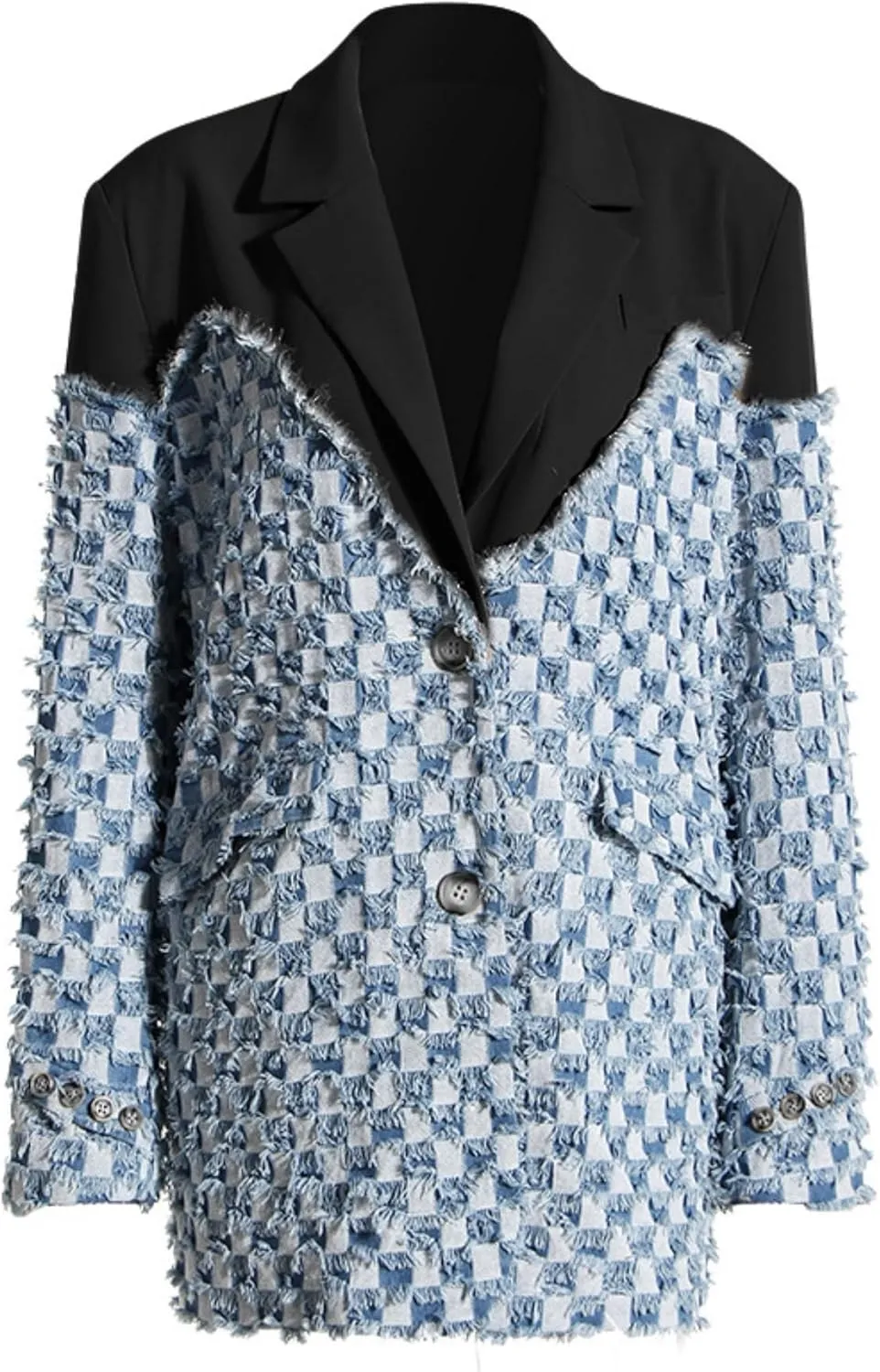 Vaceky Denim Patchwork Blazer Women Checkered Lightweight Fringe Jean Jacket