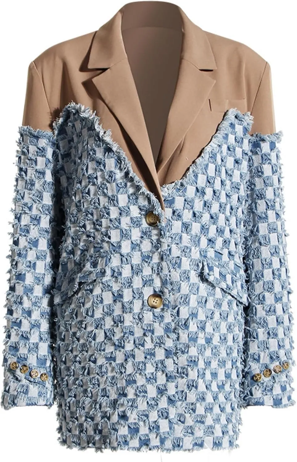 Vaceky Denim Patchwork Blazer Women Checkered Lightweight Fringe Jean Jacket