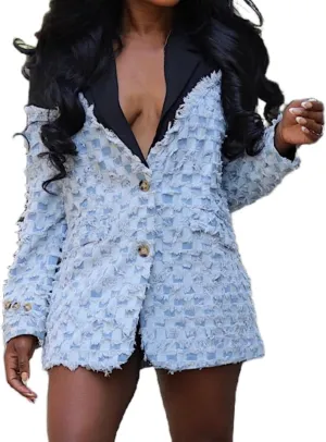 Vaceky Denim Patchwork Blazer Women Checkered Lightweight Fringe Jean Jacket
