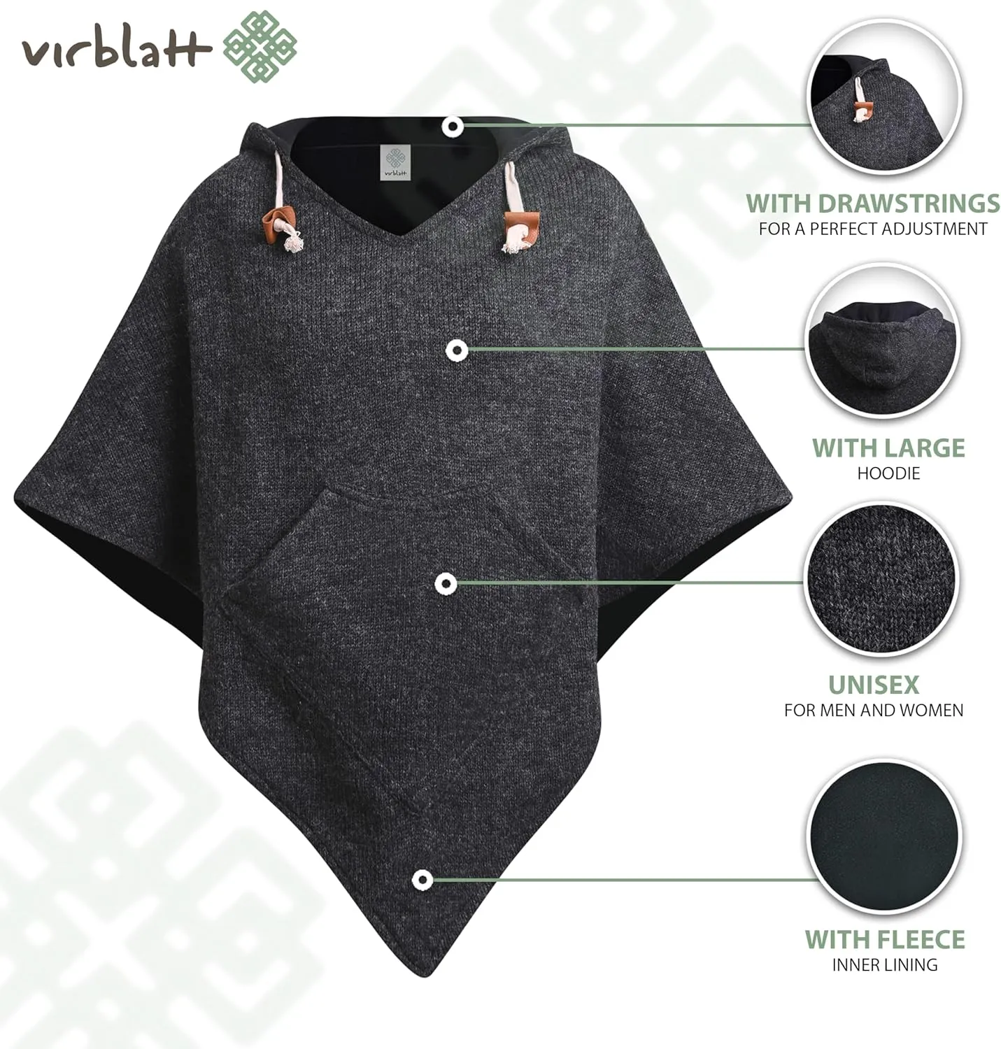 virblatt - Poncho Men & Women | Wool & Fleece | Unisex Hooded Winter Poncho