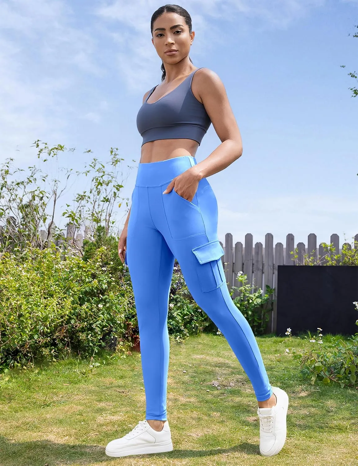 VOOVEEYA High Waisted Workout Leggings with Pockets for Women 28'', Cargo Yoga Pants Tummy Control Athletic Pants Full Length