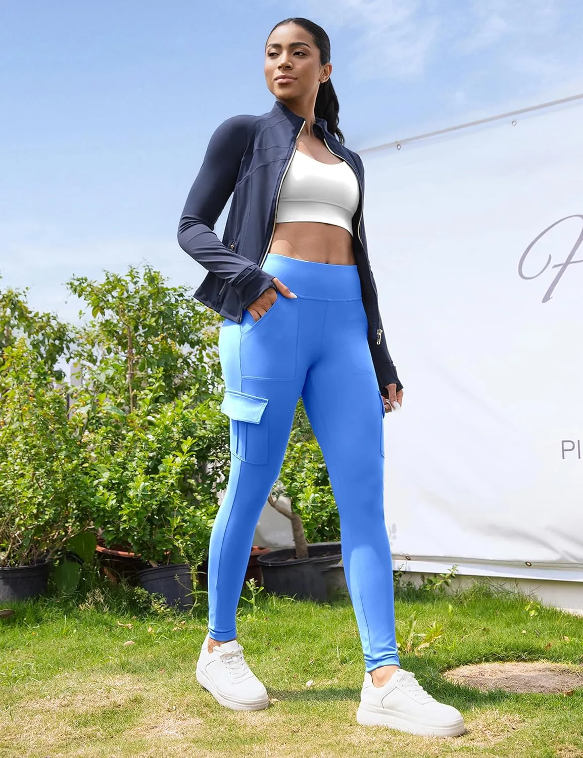 VOOVEEYA High Waisted Workout Leggings with Pockets for Women 28'', Cargo Yoga Pants Tummy Control Athletic Pants Full Length