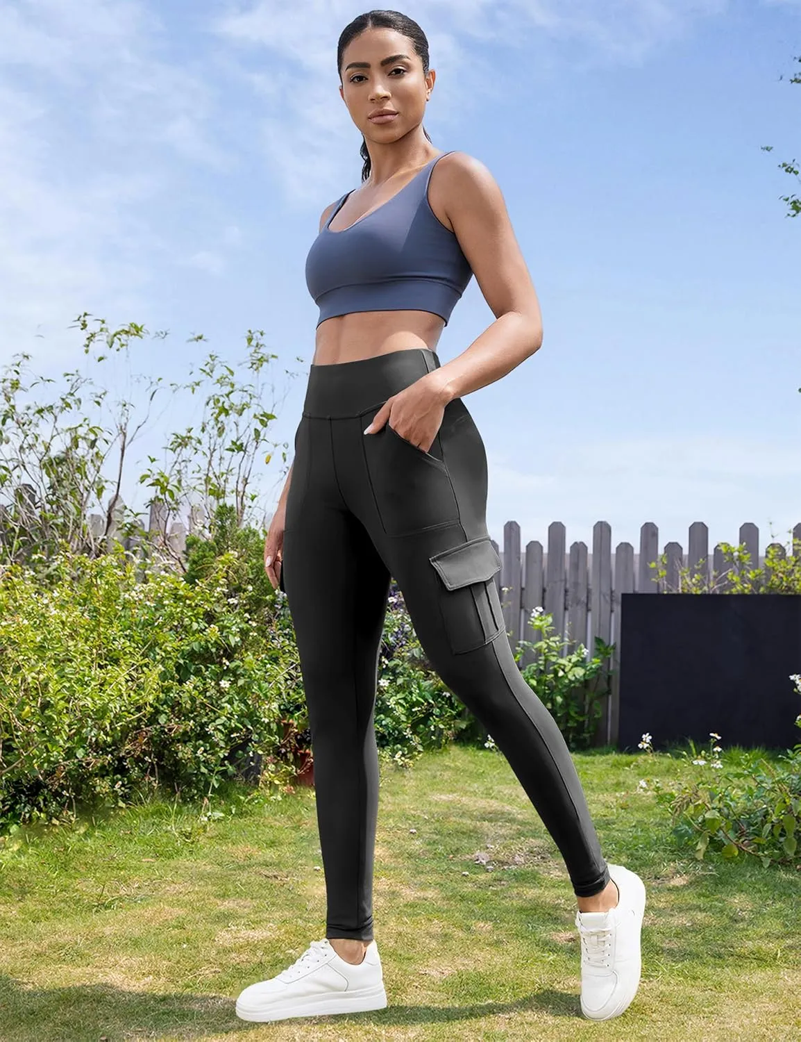 VOOVEEYA High Waisted Workout Leggings with Pockets for Women 28'', Cargo Yoga Pants Tummy Control Athletic Pants Full Length