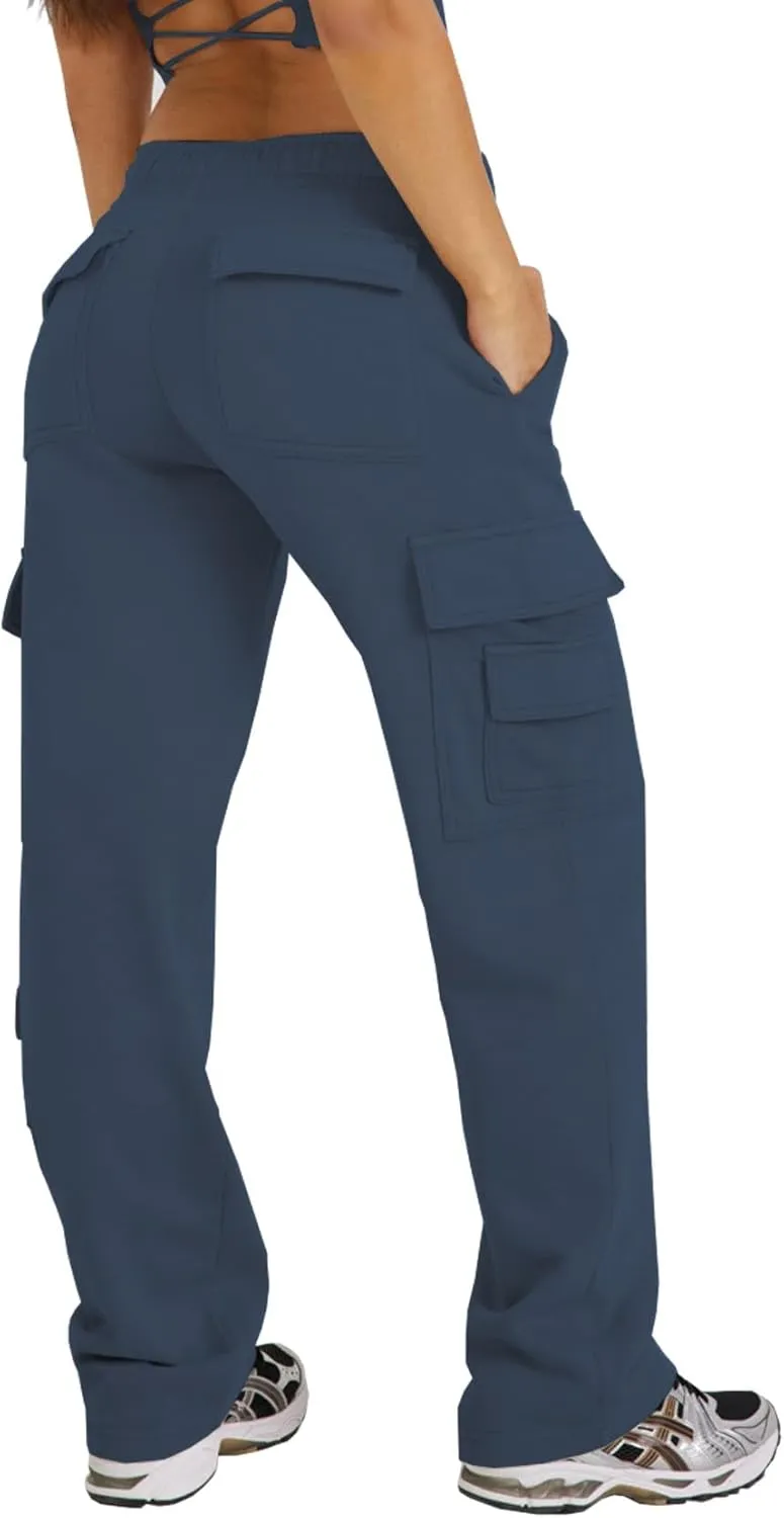 Waitfairy Wide Leg Sweatpants Women Cargo Pants Fleeece High Waisted Baggy Sweatpants for Women Casual Pants with 8 Pocketss