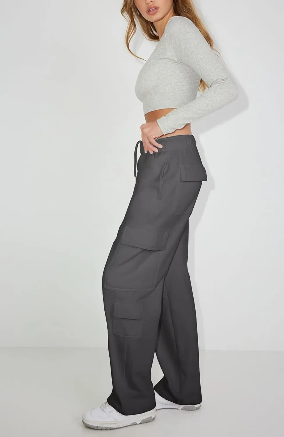 Waitfairy Wide Leg Sweatpants Women Cargo Pants Fleeece High Waisted Baggy Sweatpants for Women Casual Pants with 8 Pocketss