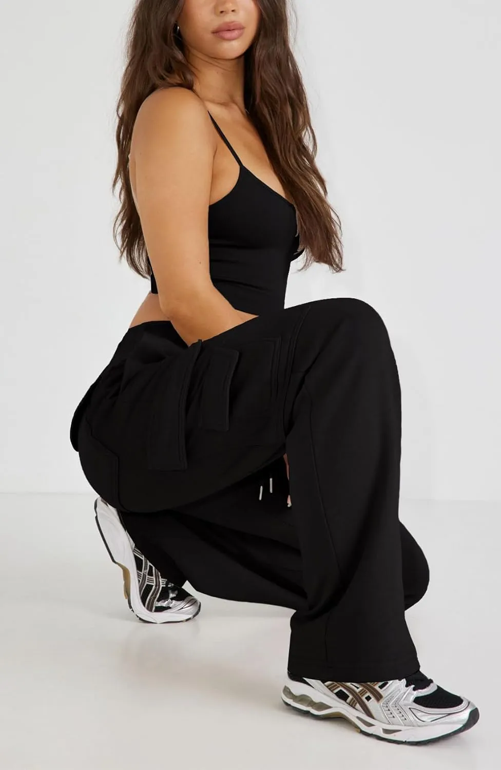 Waitfairy Wide Leg Sweatpants Women Cargo Pants Fleeece High Waisted Baggy Sweatpants for Women Casual Pants with 8 Pocketss
