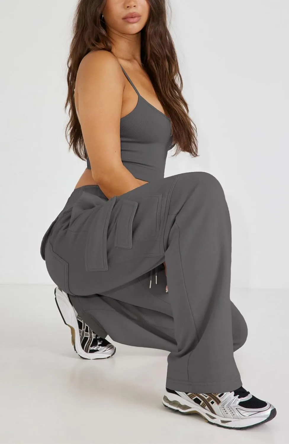 Waitfairy Wide Leg Sweatpants Women Cargo Pants Fleeece High Waisted Baggy Sweatpants for Women Casual Pants with 8 Pocketss