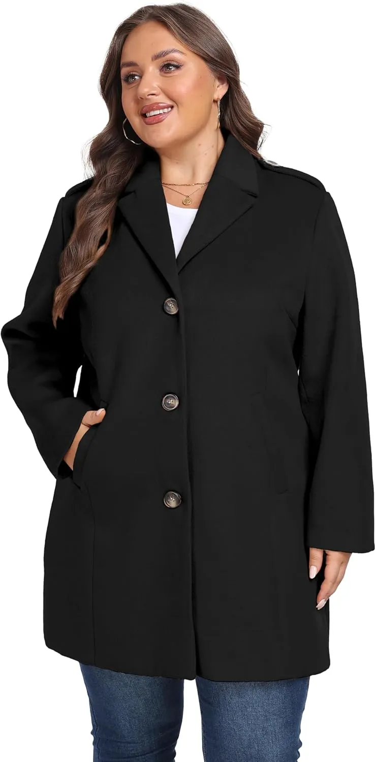wantdo Women's Plus Size Pea coat Oversized Notched Lapel Peacoat Jacket