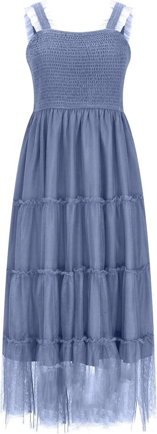 Wedding Guest Dresses for Women Off Shoulder Square Neck Ruffle Cami Midi Dress Summer Vacation Sundress Swing Hem