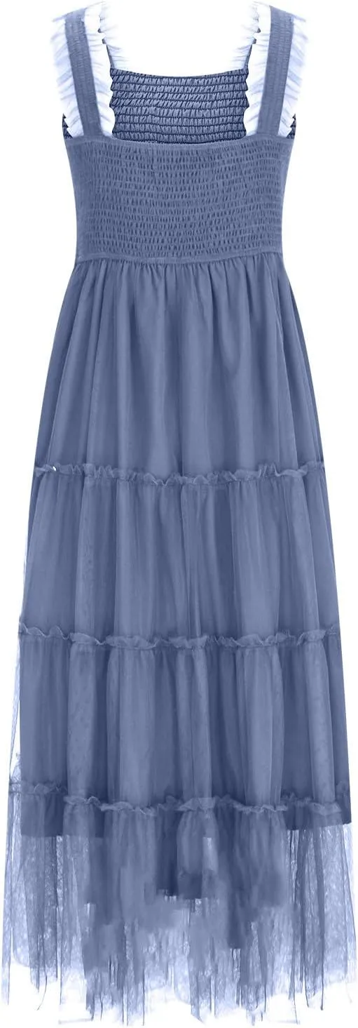 Wedding Guest Dresses for Women Off Shoulder Square Neck Ruffle Cami Midi Dress Summer Vacation Sundress Swing Hem