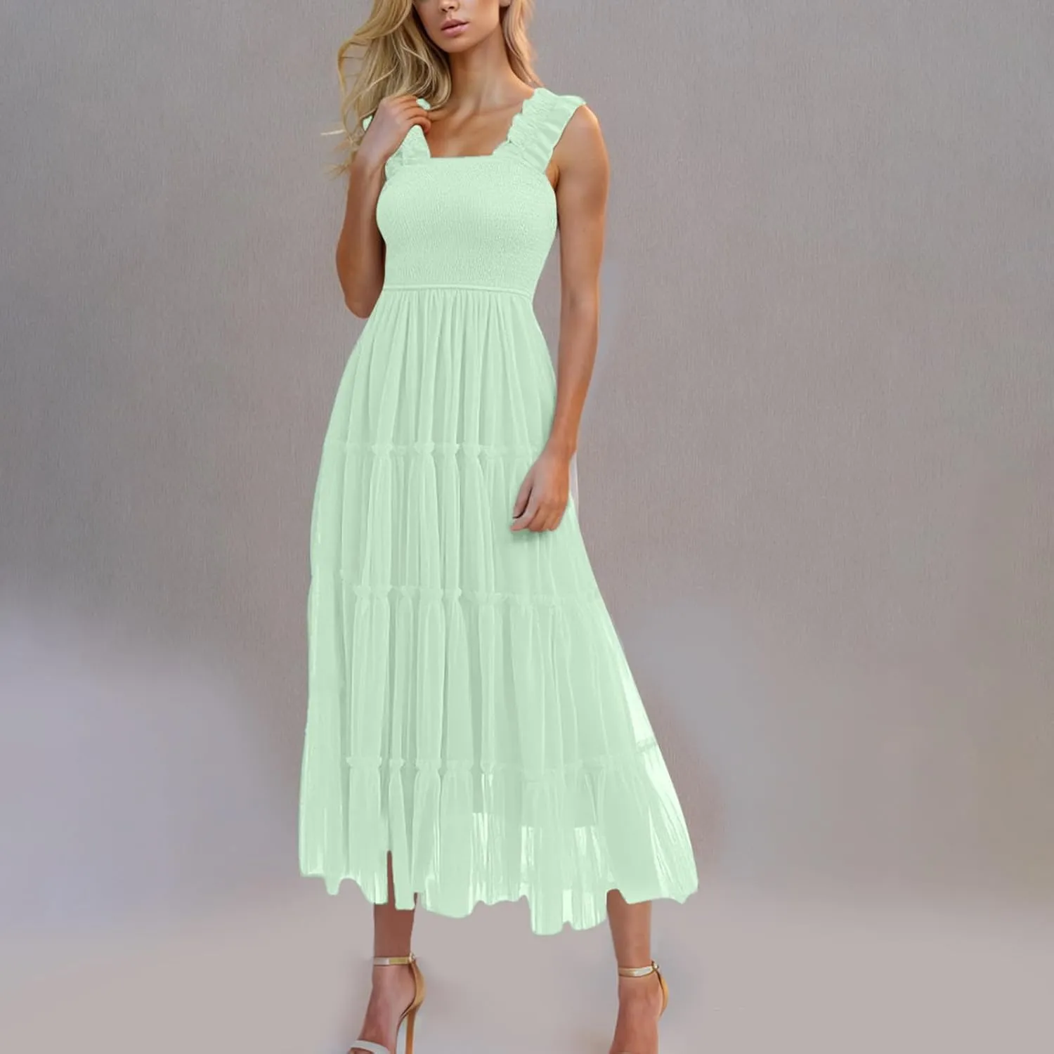 Wedding Guest Dresses for Women Off Shoulder Square Neck Ruffle Cami Midi Dress Summer Vacation Sundress Swing Hem
