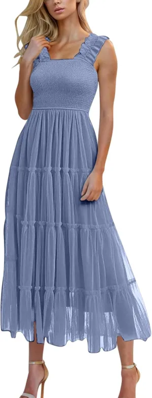 Wedding Guest Dresses for Women Off Shoulder Square Neck Ruffle Cami Midi Dress Summer Vacation Sundress Swing Hem