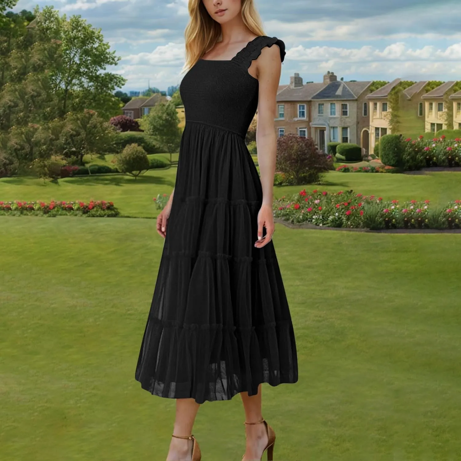 Wedding Guest Dresses for Women Off Shoulder Square Neck Ruffle Cami Midi Dress Summer Vacation Sundress Swing Hem