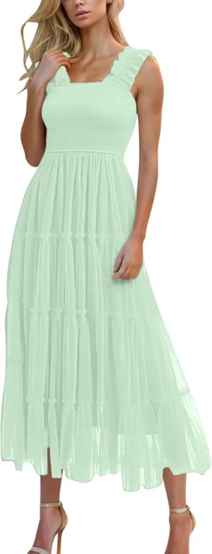 Wedding Guest Dresses for Women Off Shoulder Square Neck Ruffle Cami Midi Dress Summer Vacation Sundress Swing Hem