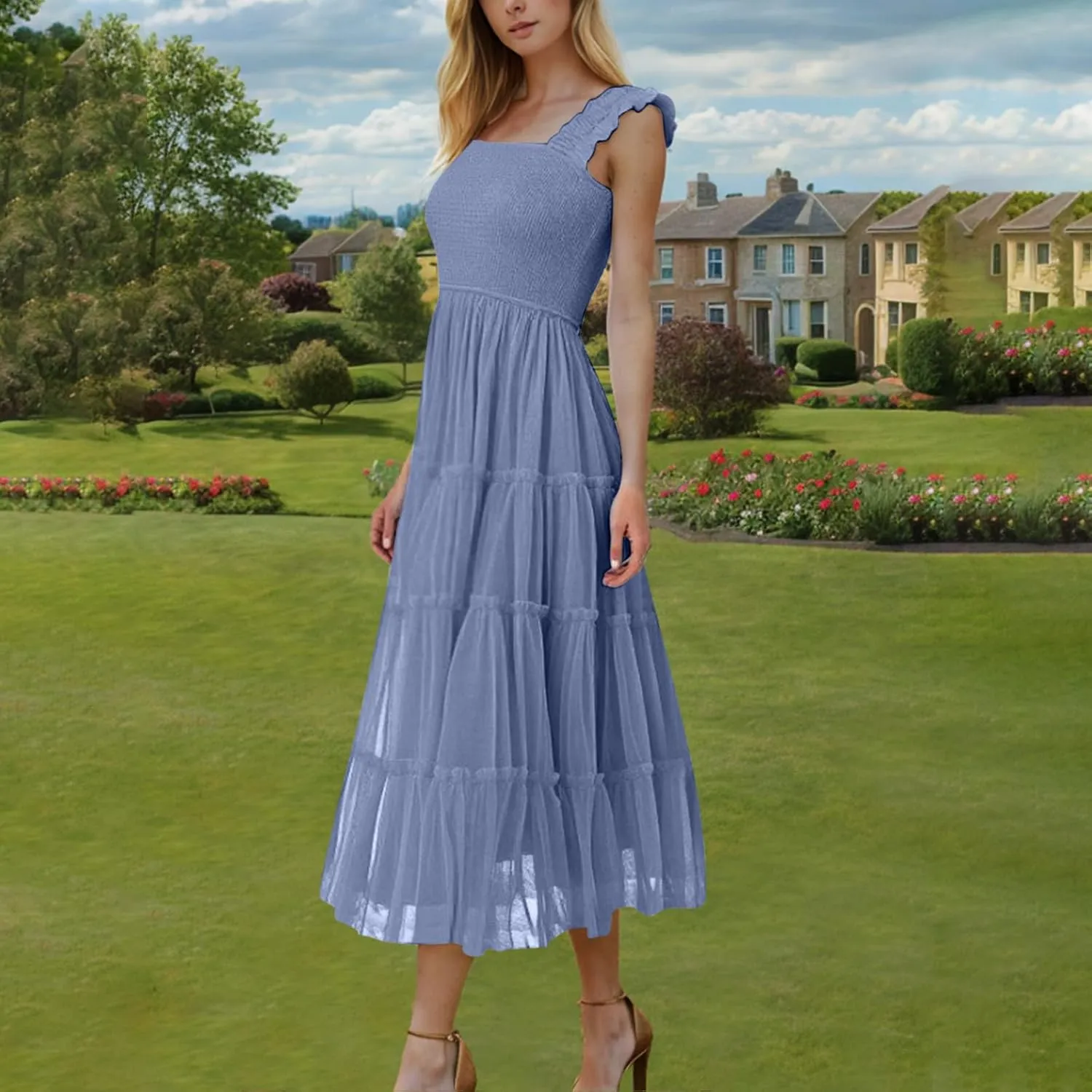 Wedding Guest Dresses for Women Off Shoulder Square Neck Ruffle Cami Midi Dress Summer Vacation Sundress Swing Hem