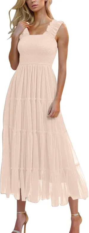 Wedding Guest Dresses for Women Off Shoulder Square Neck Ruffle Cami Midi Dress Summer Vacation Sundress Swing Hem