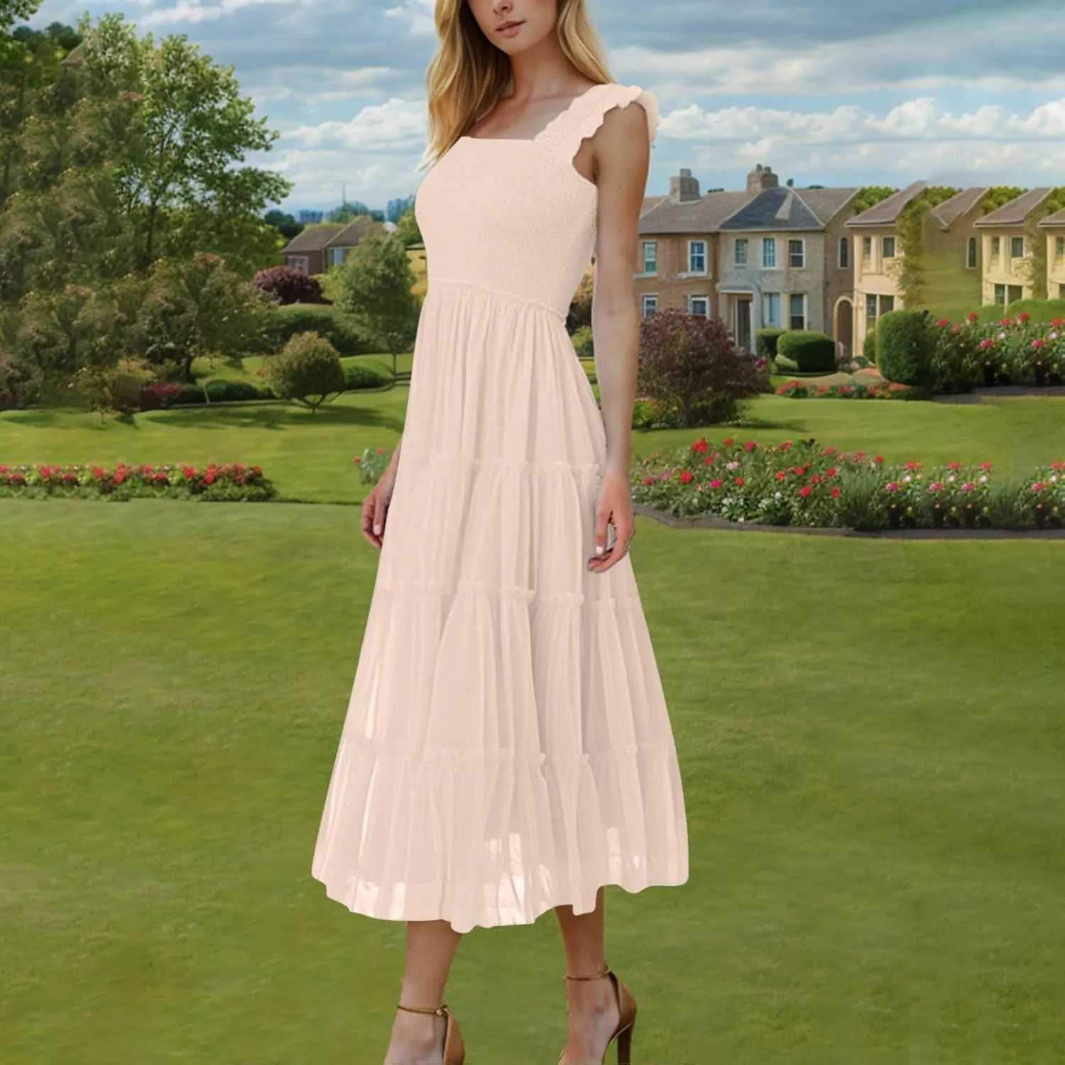Wedding Guest Dresses for Women Off Shoulder Square Neck Ruffle Cami Midi Dress Summer Vacation Sundress Swing Hem