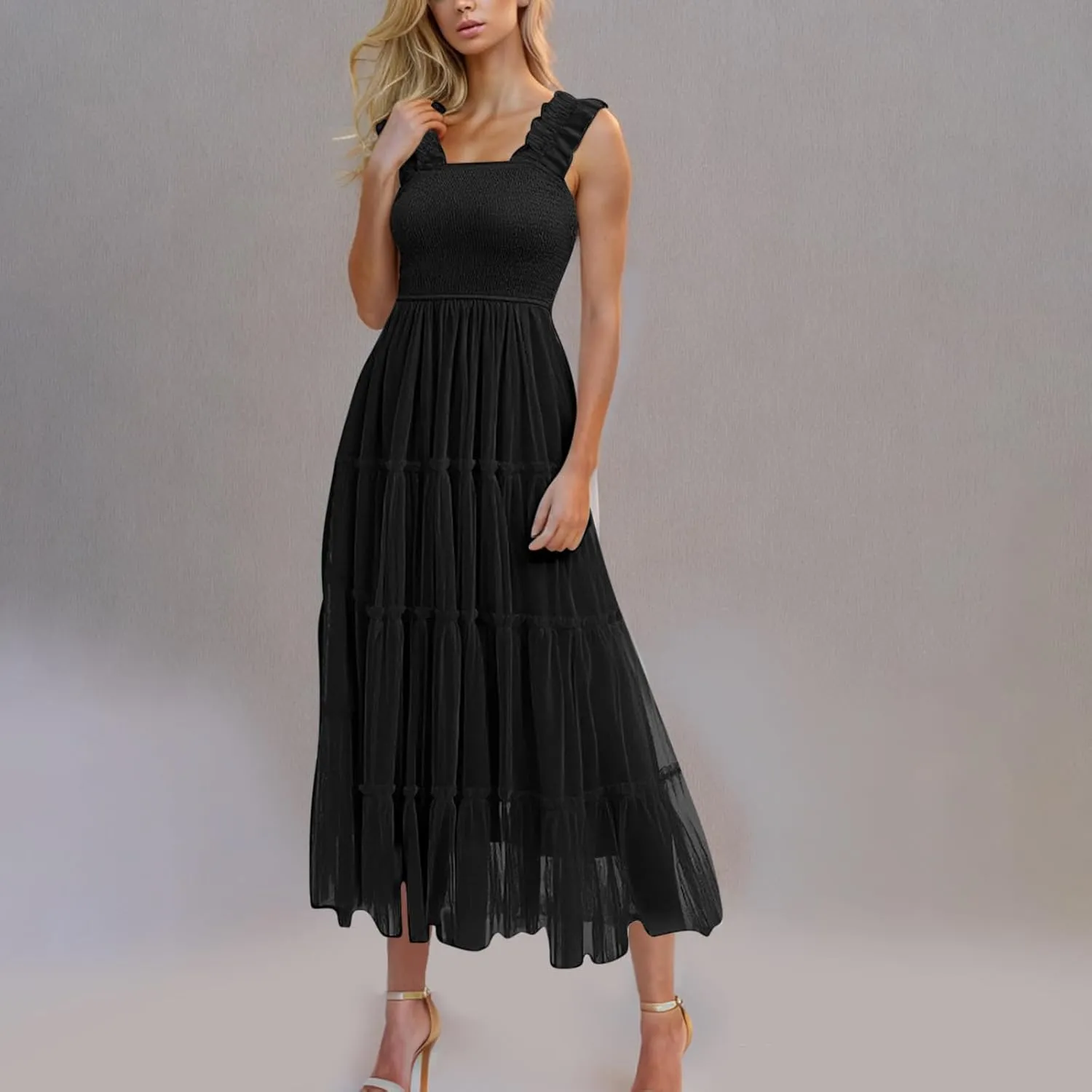 Wedding Guest Dresses for Women Off Shoulder Square Neck Ruffle Cami Midi Dress Summer Vacation Sundress Swing Hem