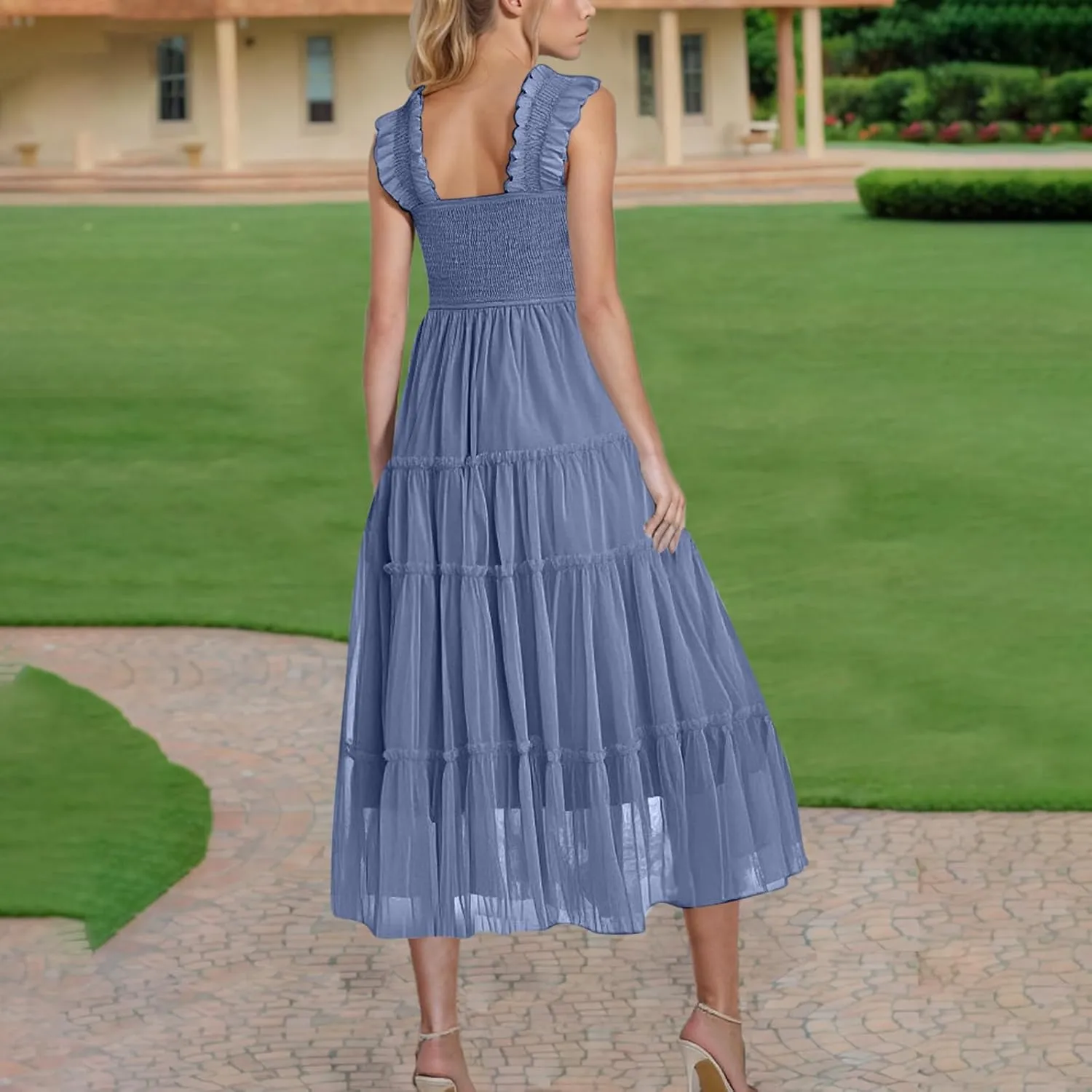 Wedding Guest Dresses for Women Off Shoulder Square Neck Ruffle Cami Midi Dress Summer Vacation Sundress Swing Hem