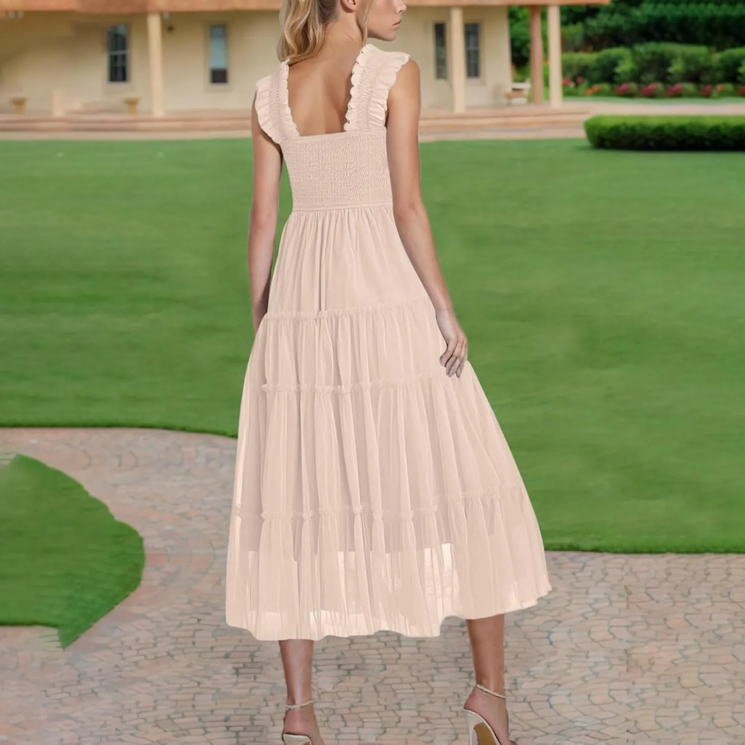 Wedding Guest Dresses for Women Off Shoulder Square Neck Ruffle Cami Midi Dress Summer Vacation Sundress Swing Hem